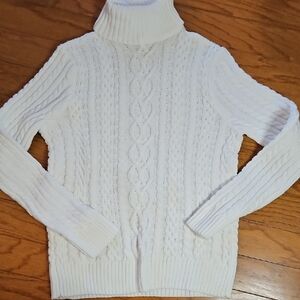 JEANNE PIERRE NEW 100% WHITE COTTON TRADITIONAL CABLE KNIT SWEATER sz M